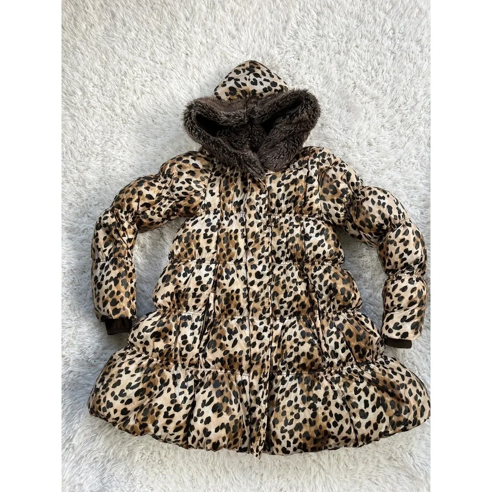 Lands End Kids Streetwear Leopard Print Hooded‎ Puffer Coat Faux Fur Trim L 14